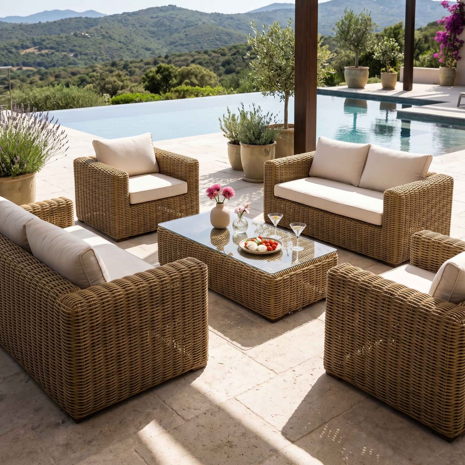 Salotto da giardino in resina intrecciata a 6 posti con 2 divani, 2 poltrone e 1 tavolino