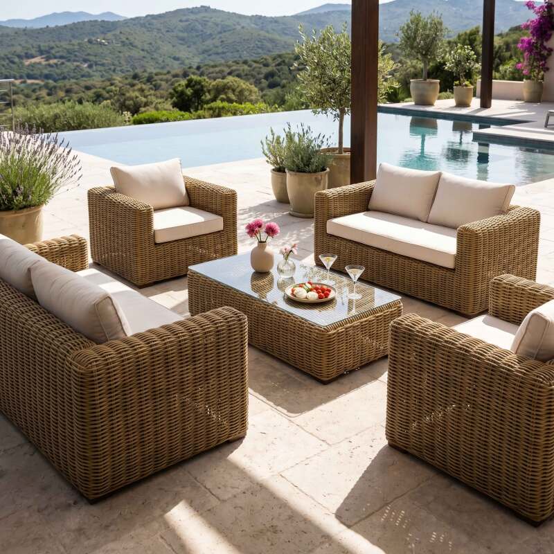 Salotto da giardino in resina intrecciata a 6 posti con 2 divani, 2 poltrone e 1 tavolino (8/9)