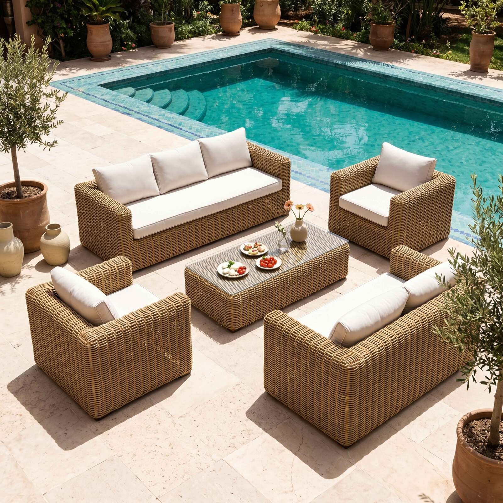 Salotto da giardino in resina intrecciata a 7 posti con 2 divani, 2 poltrone e 1 tavolino