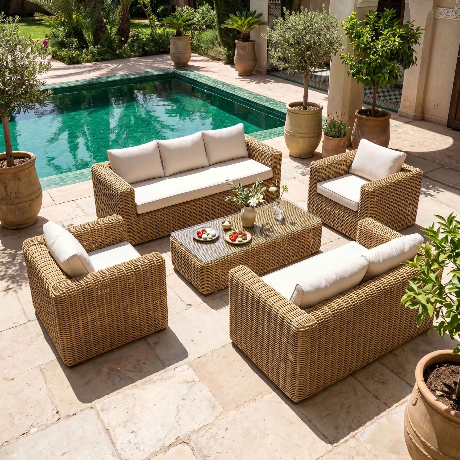 Salotto da giardino in resina intrecciata a 7 posti con 2 divani, 2 poltrone e 1 tavolino