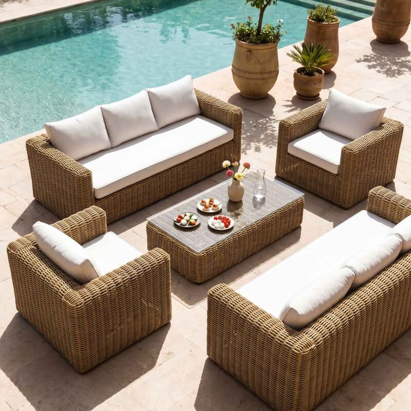 Salotto da giardino in resina intrecciata a 8 posti con 2 divani, 2 poltrone e 1 tavolino