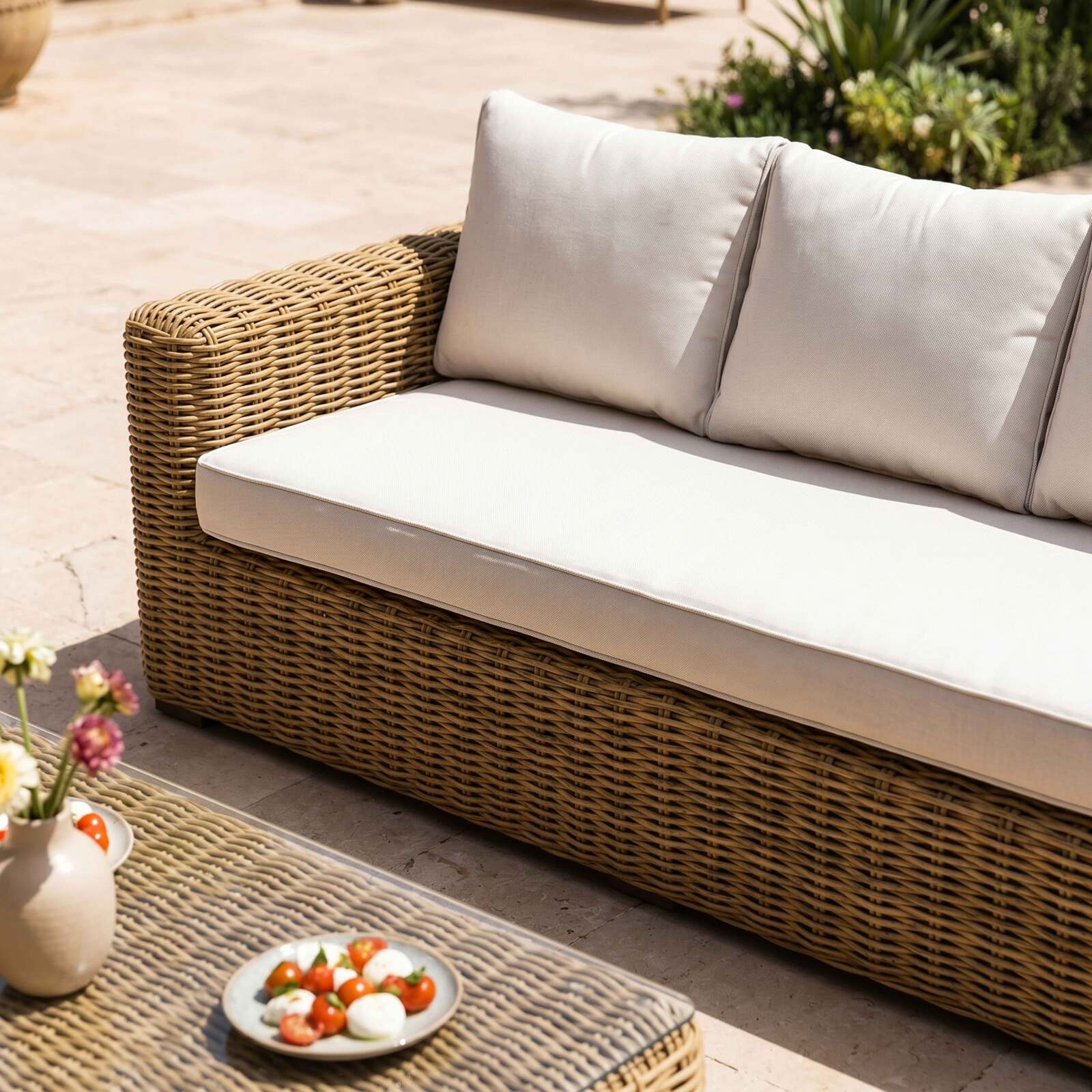 Salotto da giardino in resina intrecciata a 8 posti con 2 divani, 2 poltrone e 1 tavolino