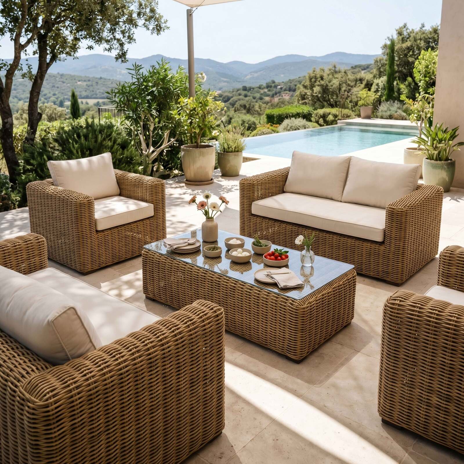 Salotto da giardino in resina intrecciata a 6 posti con 2 divani, 2 poltrone e 1 tavolino