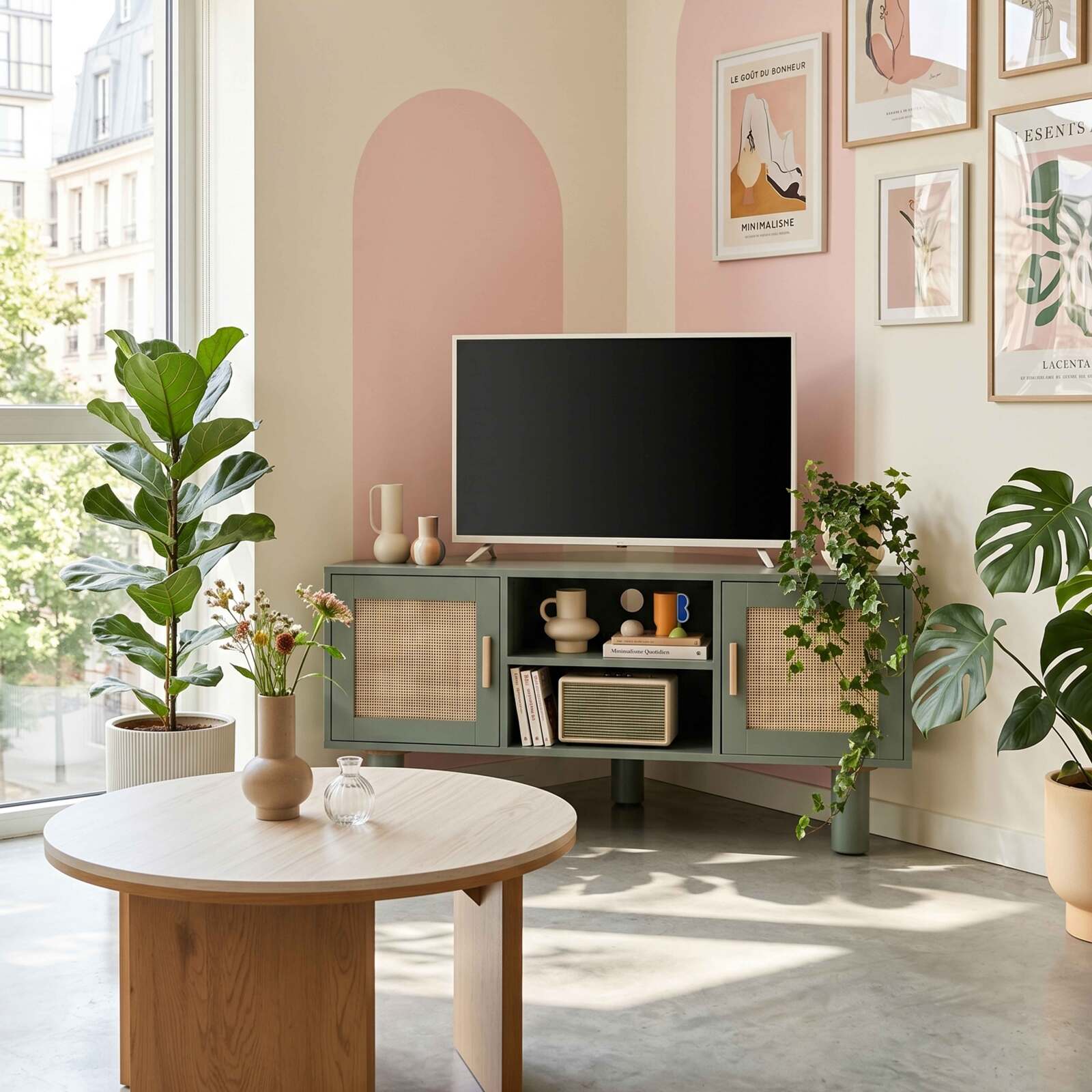 Mobile TV angolare effetto intreccio 120 cm in rattan sintetico stile boho