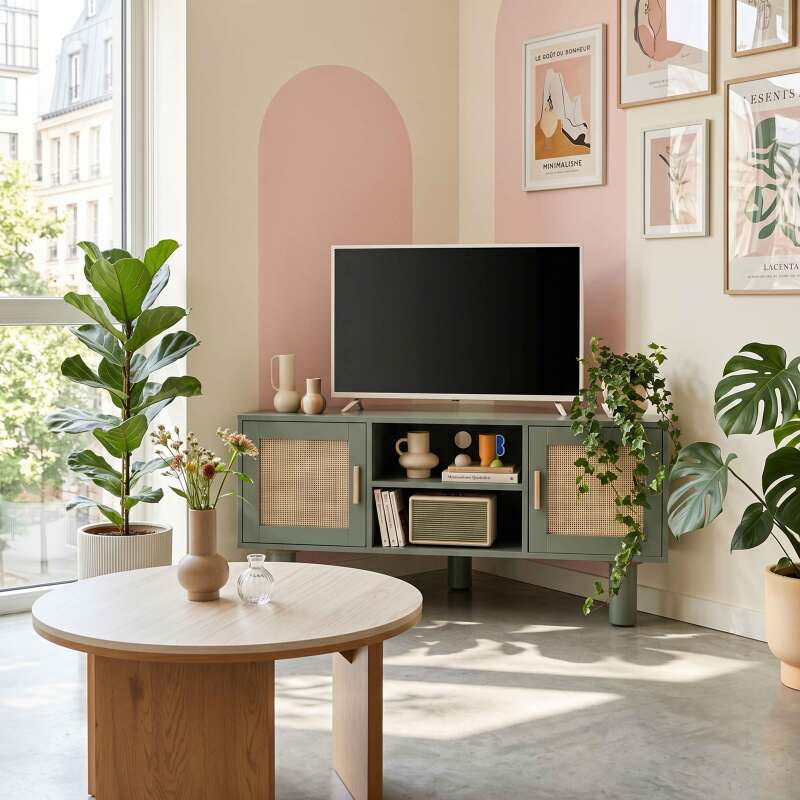 Mobile TV angolare effetto intreccio 120 cm in rattan sintetico stile boho (2/25)