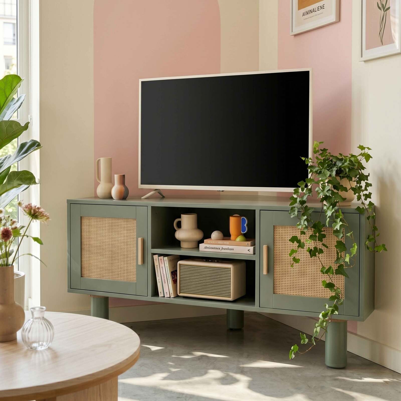 Mobile TV angolare effetto intreccio 120 cm in rattan sintetico stile boho