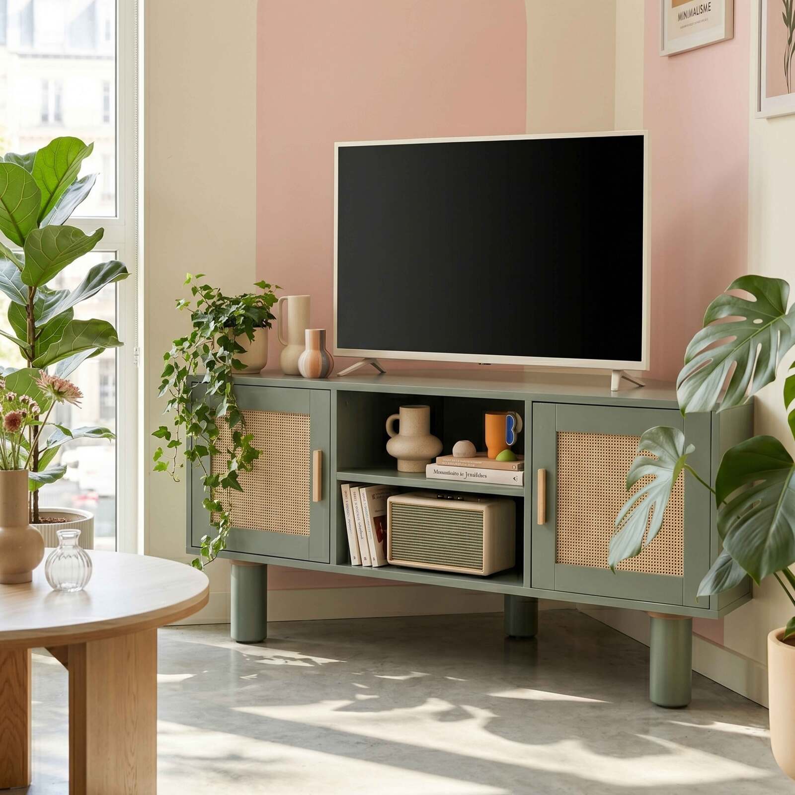 Mobile TV angolare effetto intreccio 120 cm in rattan sintetico stile boho