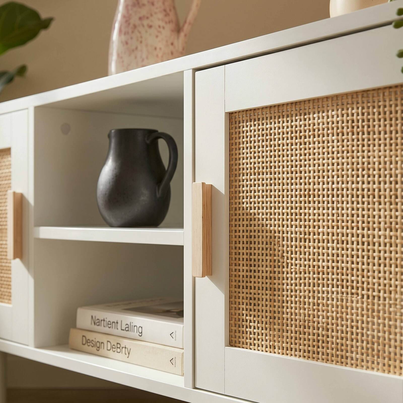 Mobile TV angolare effetto intreccio 120 cm in rattan sintetico stile boho