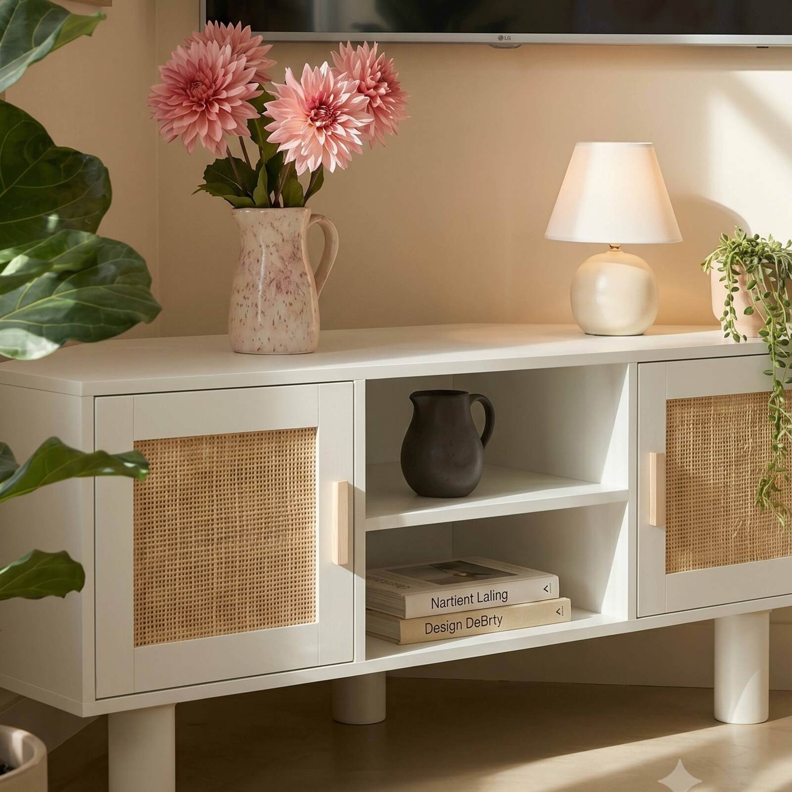 Mobile TV angolare effetto intreccio 120 cm in rattan sintetico stile boho