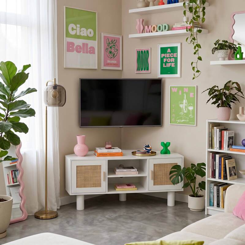 Mobile TV angolare effetto intreccio 120 cm in rattan sintetico stile boho (21/25)