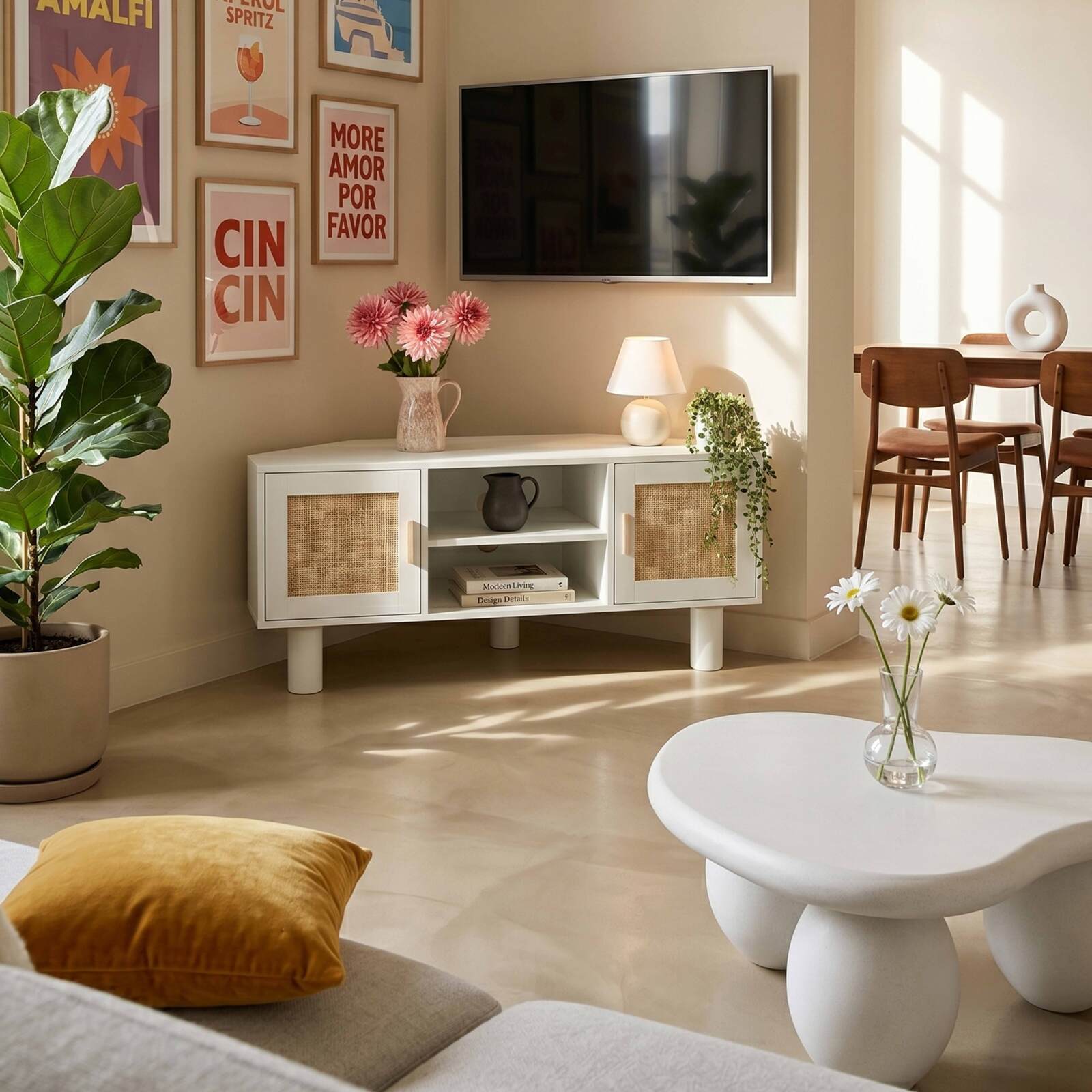 Mobile TV angolare effetto intreccio 120 cm in rattan sintetico stile boho