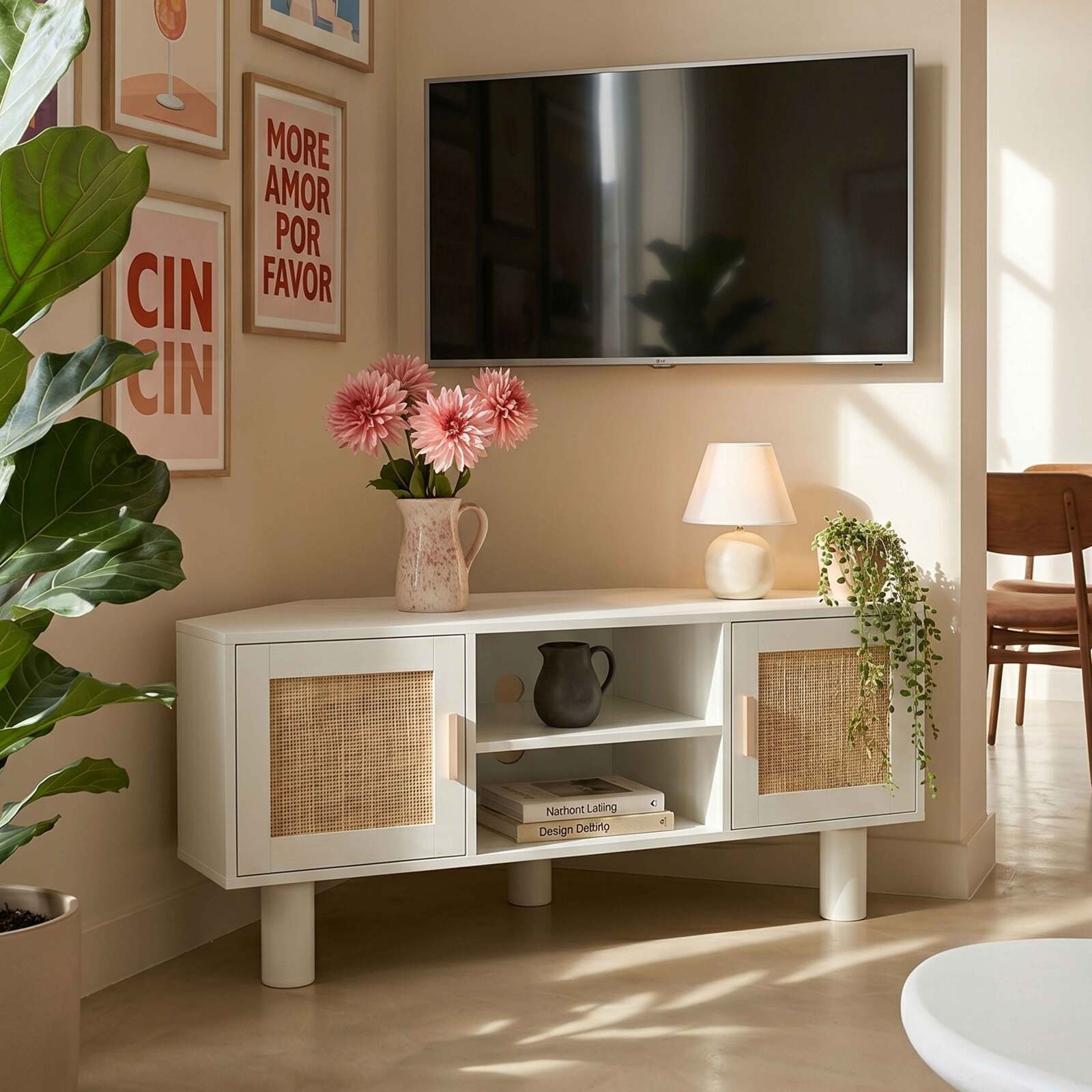 Mobile TV angolare effetto intreccio 120 cm in rattan sintetico stile boho