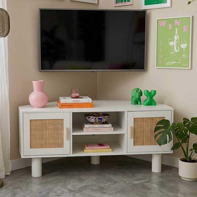 Mobile TV angolare effetto intreccio 120 cm in rattan sintetico stile boho (22/25)