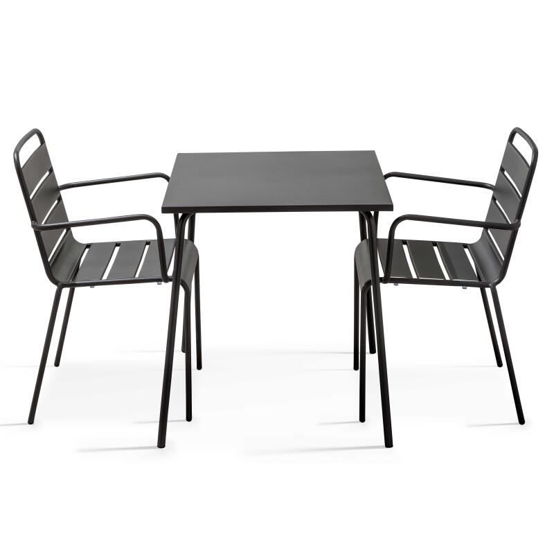 Tavolo da giardino quadrato da bistrot 70 x 70 cm e 2 sedie in metallo con braccioli