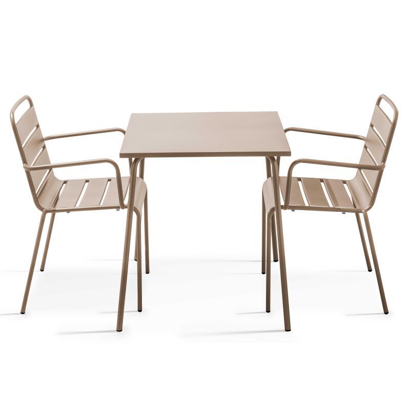 Tavolo da giardino quadrato da bistrot 70 x 70 cm e 2 sedie in metallo con braccioli