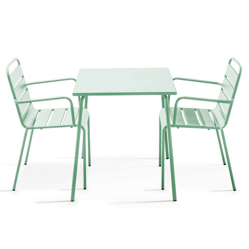 Tavolo da giardino quadrato da bistrot 70 x 70 cm e 2 sedie in metallo con braccioli