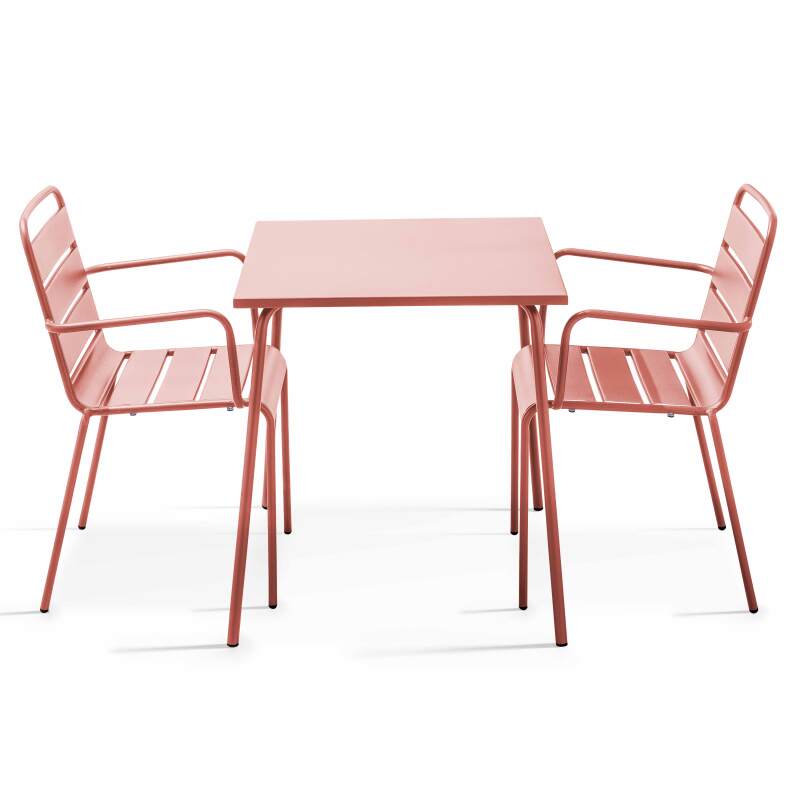 Tavolo da giardino quadrato da bistrot 70 x 70 cm e 2 sedie in metallo con braccioli