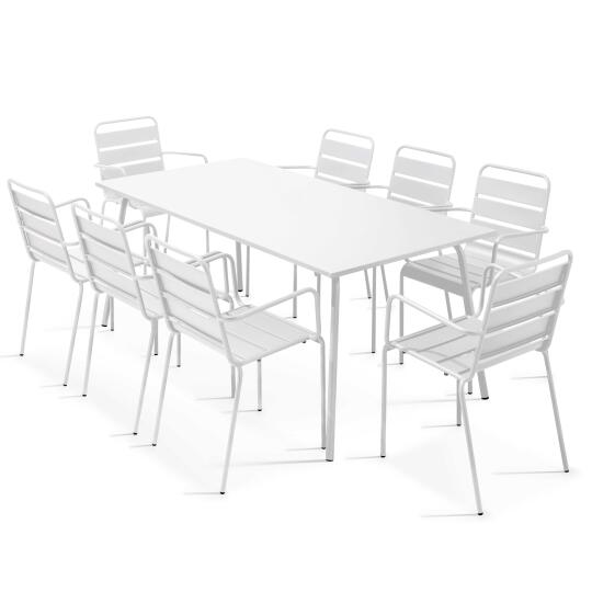 Tavolo da giardino rettangolare 180 x 90 cm e 8 sedie con braccioli in metallo