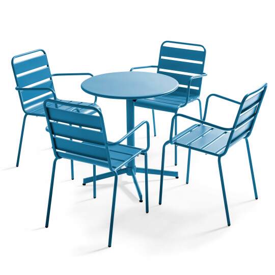 Tavolo da giardino bistrot rotondo inclinabile in metallo Ø70 cm e 4 sedie con braccioli | Oviala