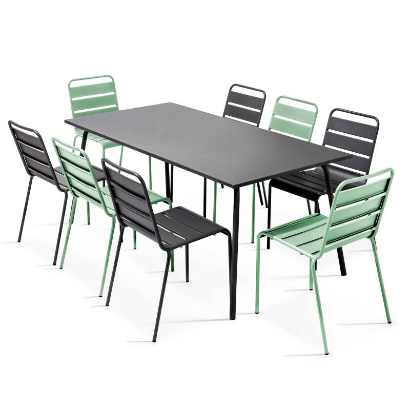 Tavolo da giardino rettangolare 180 x 90 cm e 8 sedie in metallo non corrispondenti