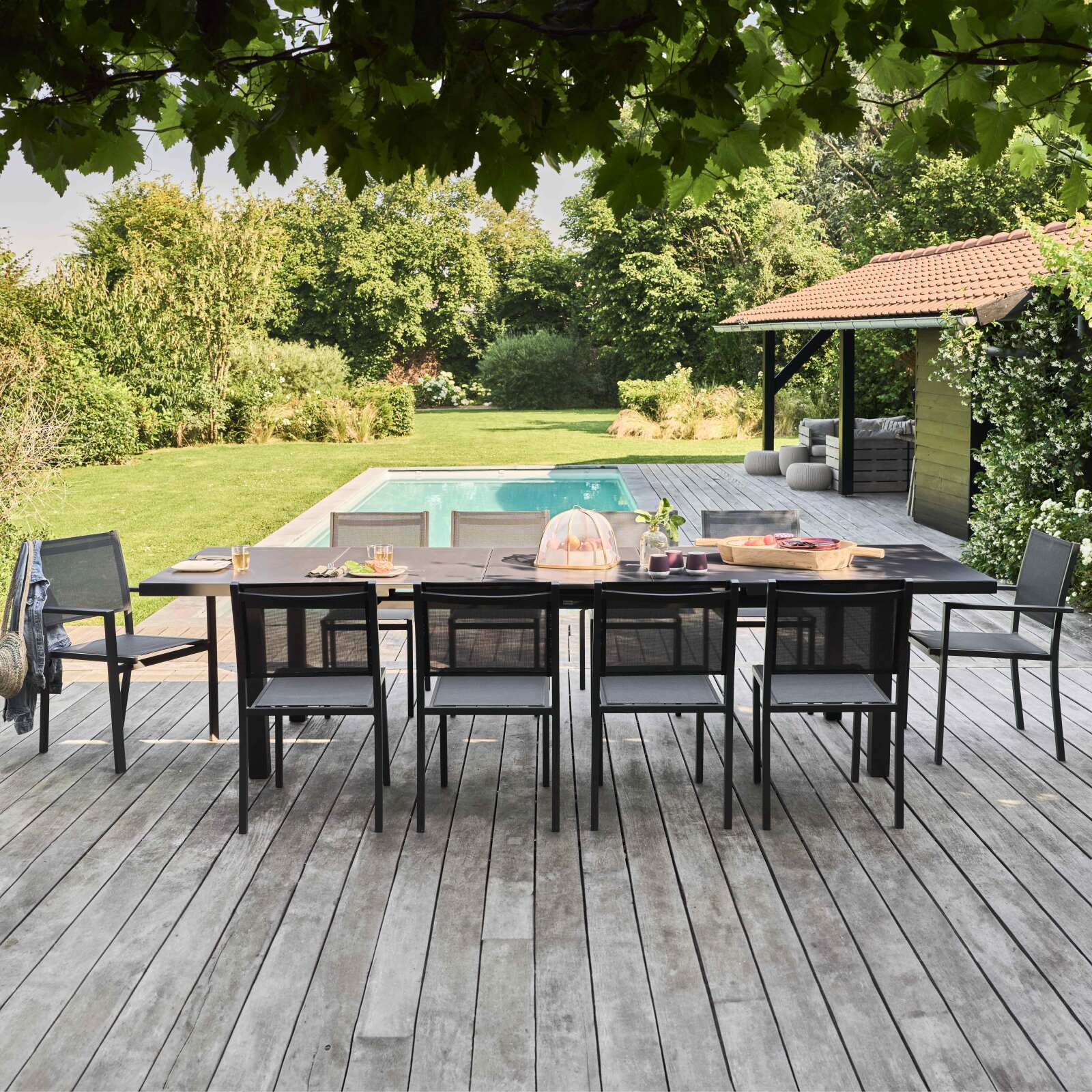 Tavolo da giardino rettangolare allungabile (320 x 100 x 76 cm) in alluminio grigio