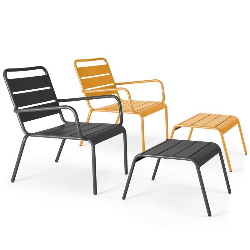 Set di 2 sedie sdraio basse con poggiapiedi coordinati in metallo grigio antracite + 1 colore