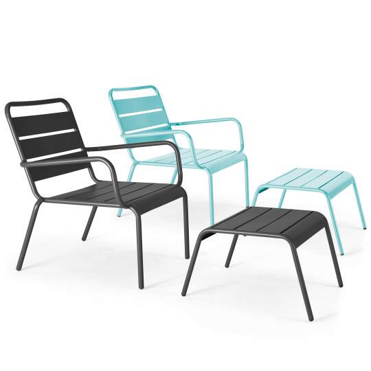 Set di 2 sedie sdraio basse con poggiapiedi coordinati in metallo grigio antracite + 1 colore