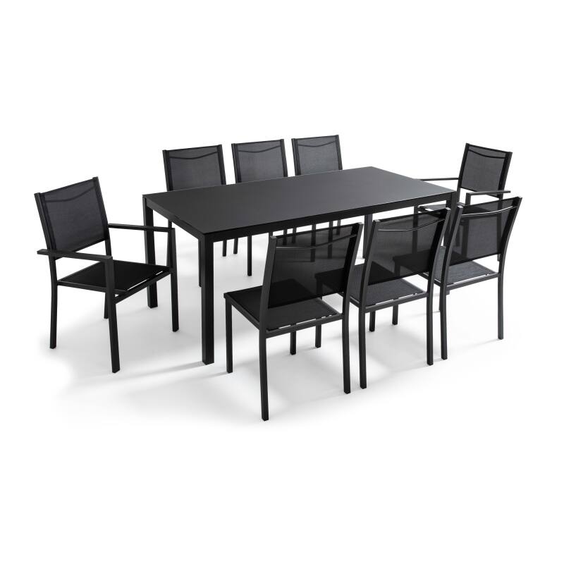 Tavolo da giardino rettangolare 180 x 90 cm piano in vetro con 6 sedie e 2 sedie con braccioli