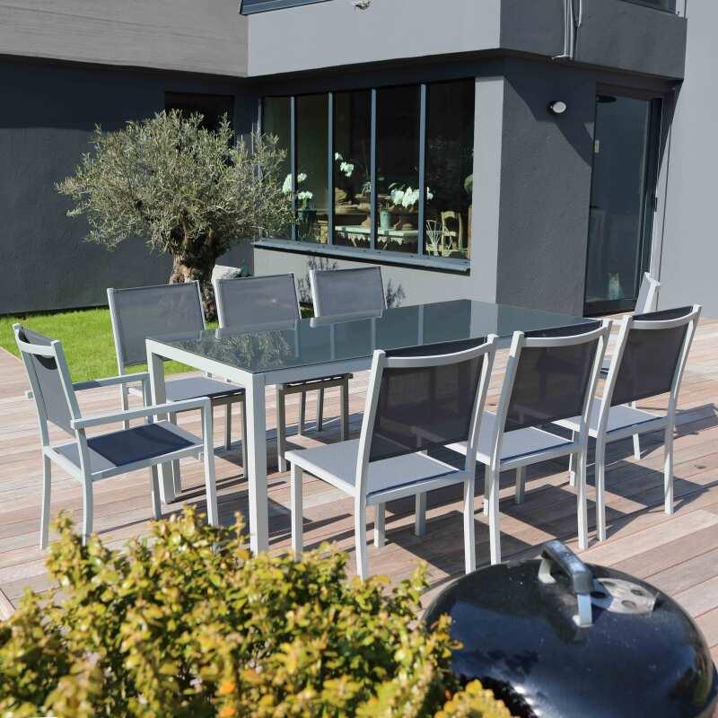 Tavolo da giardino in alluminio e vetro 180x90 cm e 8 sedie in textilene - Lifestyle