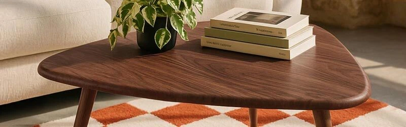 tavolino da salotto effetto legno con piano triangolare