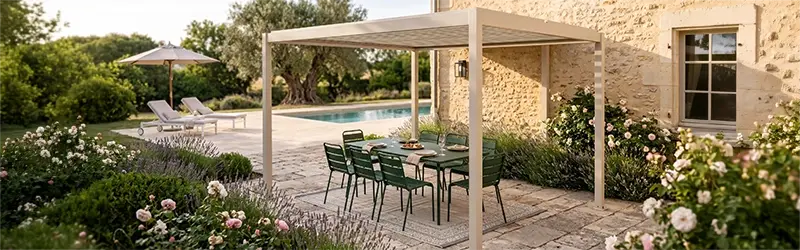 pergola tendenza 2026 in alluminio color crema su una terrazza completa