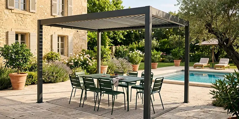 Pergola bioclimatica 4x3m in alluminio con tavolo e sedie da giardino in metallo verde