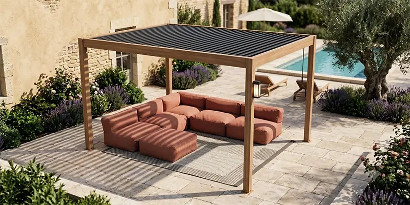 Pergola bioclimatica 4x3m autoportante con salotto da giardino modulare