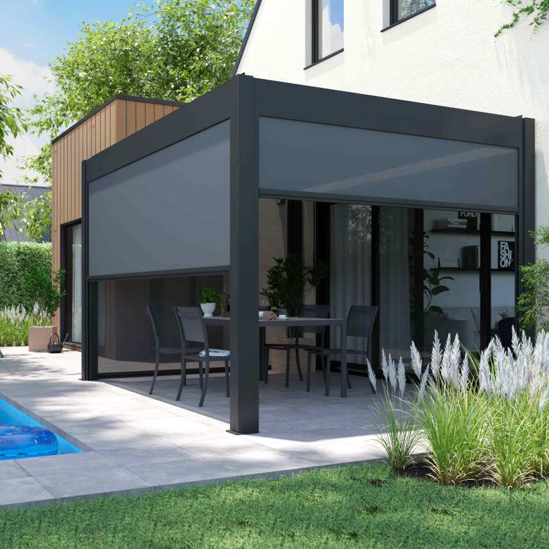 Pergola bioclimatica 4x3 m autoportante manuale in alluminio grigio antracite con tenda - Lifestyle