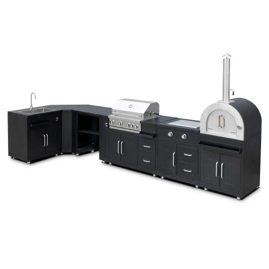 Cucina da esterno in metallo ad angolo con forno a legna, fornello a gas, barbecue e spazio - 6 moduli | Oviala
