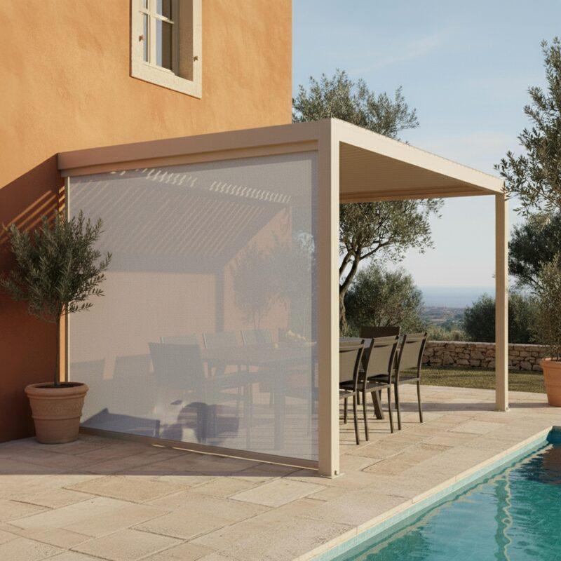Pergola bioclimatica 4x3 m addossata manuale in alluminio crema con tenda - Lifestyle