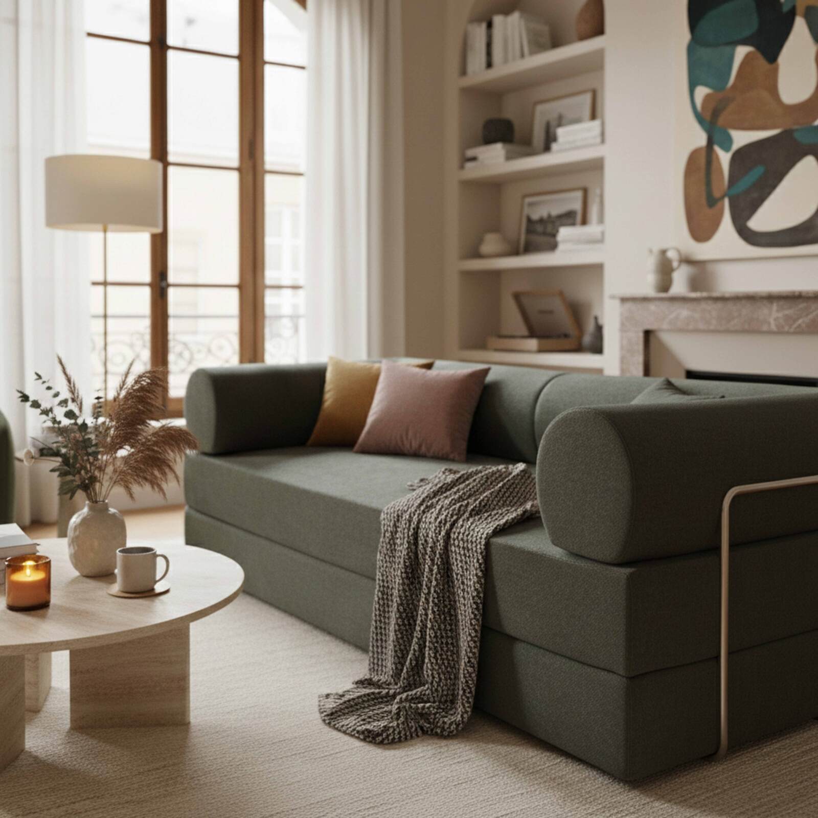 Divano letto 2 posti in tessuto con cuscini