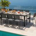 Tavolo da giardino in alluminio e ceramica effetto legno 206x100 cm e 10 sedie in textilene