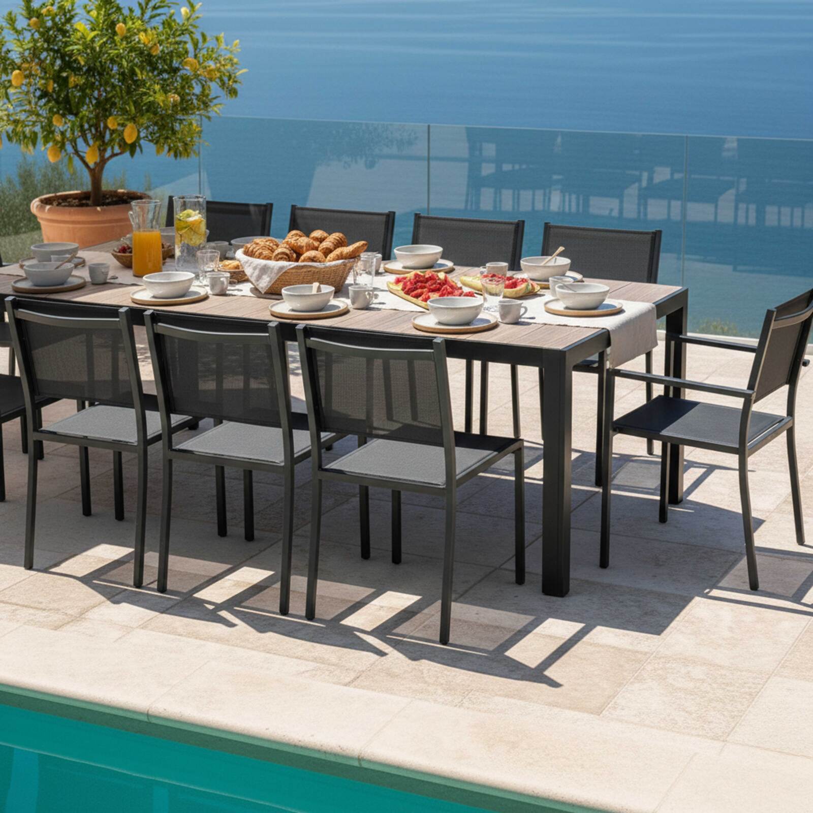 Tavolo da giardino in alluminio e ceramica effetto legno 206x100 cm e 10 sedie in textilene