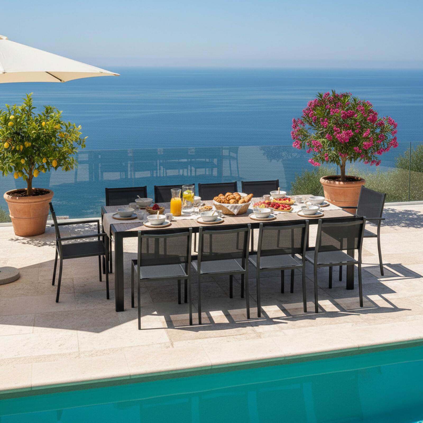 Tavolo da giardino in alluminio e ceramica effetto legno 206x100 cm e 10 sedie in textilene