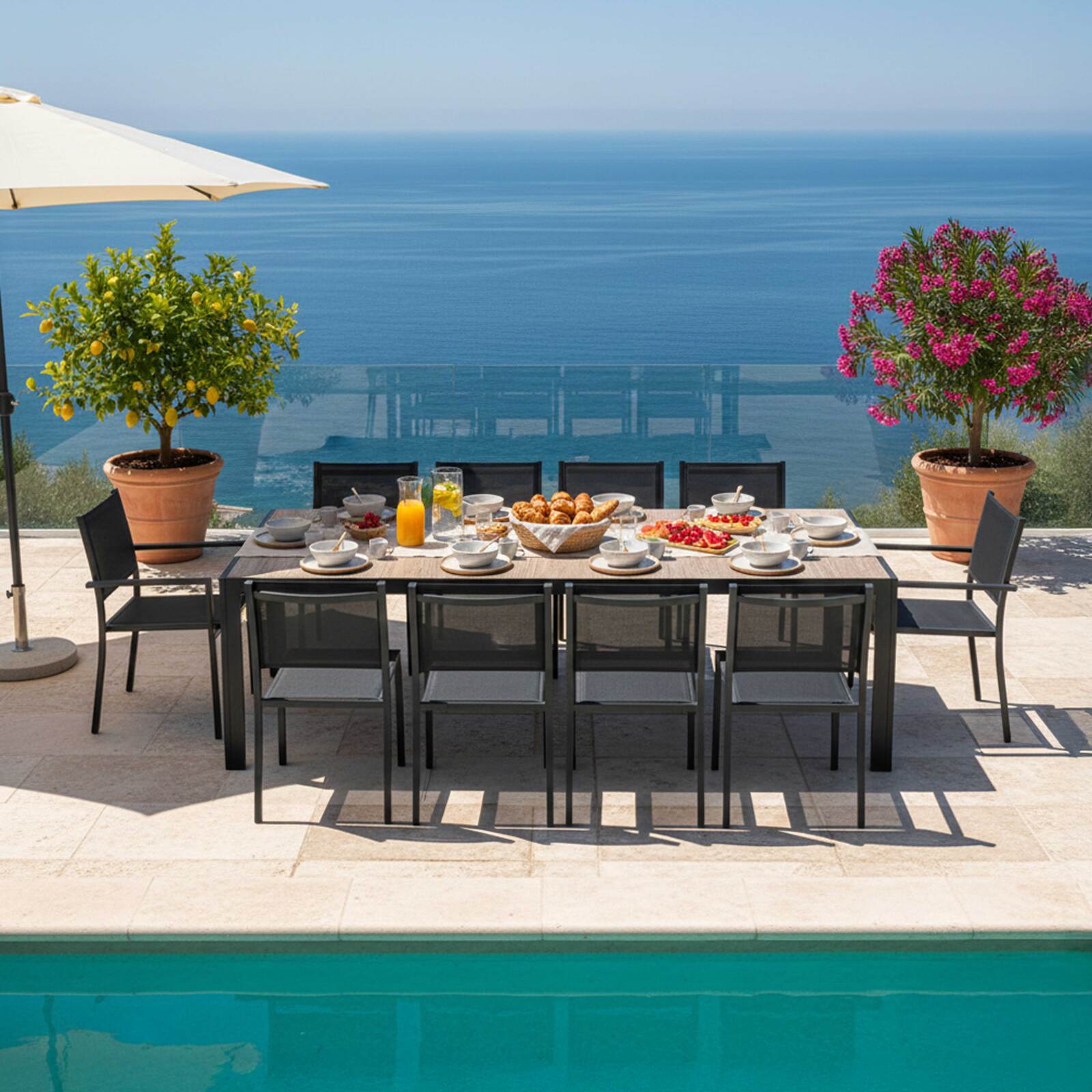 Tavolo da giardino in alluminio e ceramica effetto legno 206x100 cm e 10 sedie in textilene