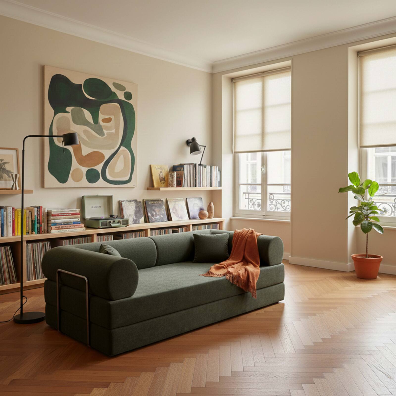 Divano letto 2 posti in tessuto con cuscini modulari