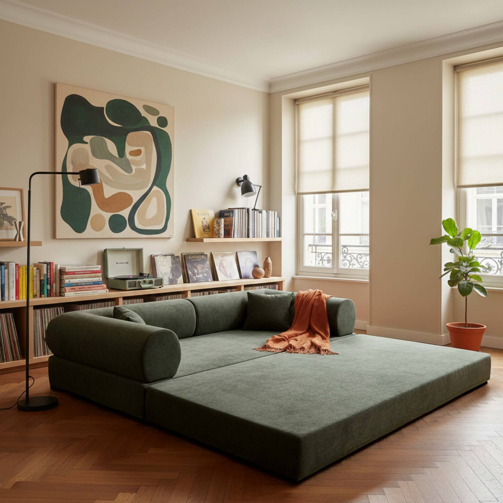 Divano letto 2 posti in tessuto con cuscini modulari