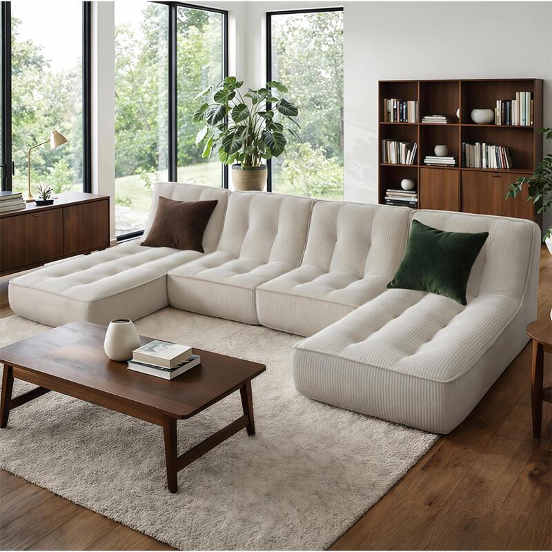 Divano modulare 4 posti in tessuto a coste con chaise longue