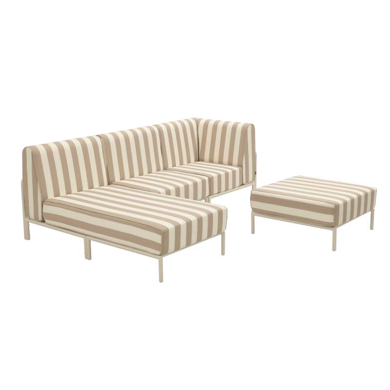 Divano modulare da esterno a righe 4 posti con 1 poltrona, 1 poltrona angolare, 1 chaise longue e 1 pouf