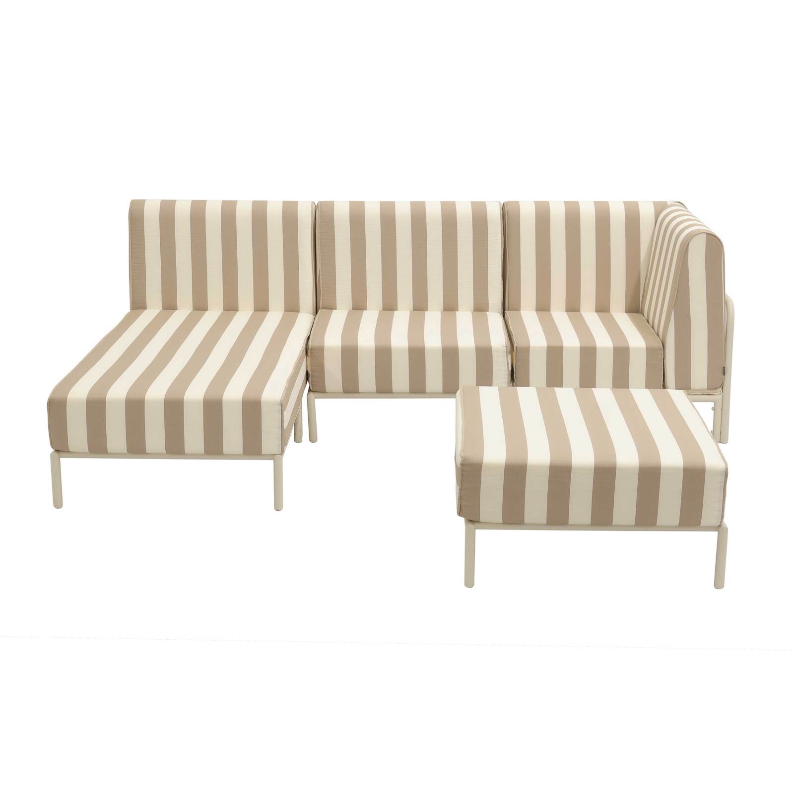 Divano modulare da esterno a righe 4 posti con 1 poltrona, 1 poltrona angolare, 1 chaise longue e 1 pouf