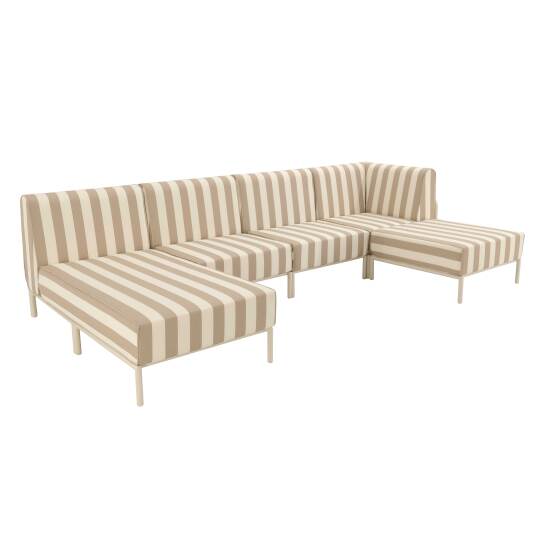 Divano modulare da esterno a righe 5 posti con 2 poltrone, 1 poltrona angolare, 1 chaise longue e 1 pouf