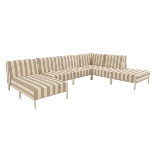 Divano modulare da esterno a righe 6 posti con 3 poltrone, 1 poltrona angolare, 1 chaise longue e 1 pouf