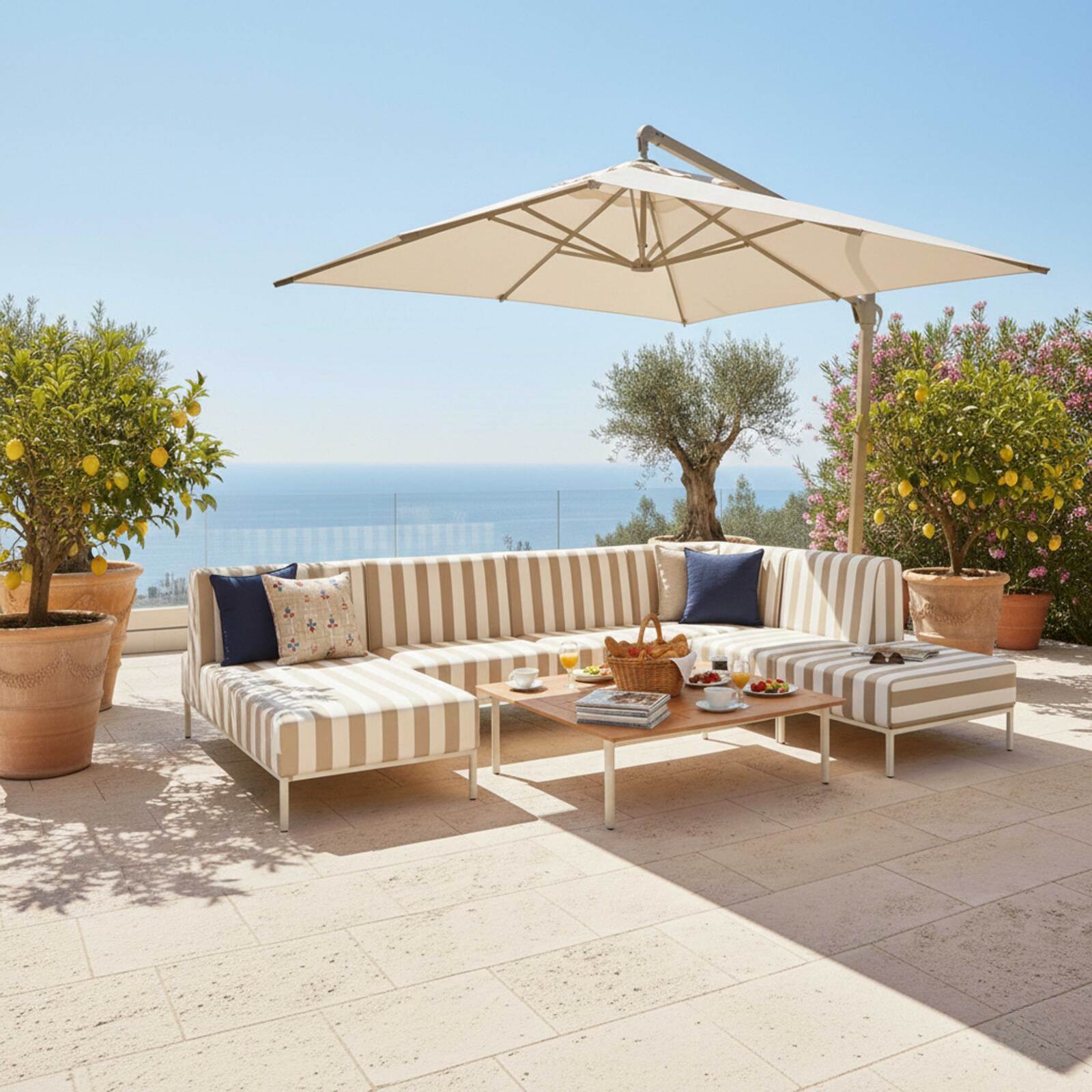 Divano modulare da esterno a righe 6 posti con 3 poltrone, 1 poltrona angolare, 1 chaise longue e 1 pouf