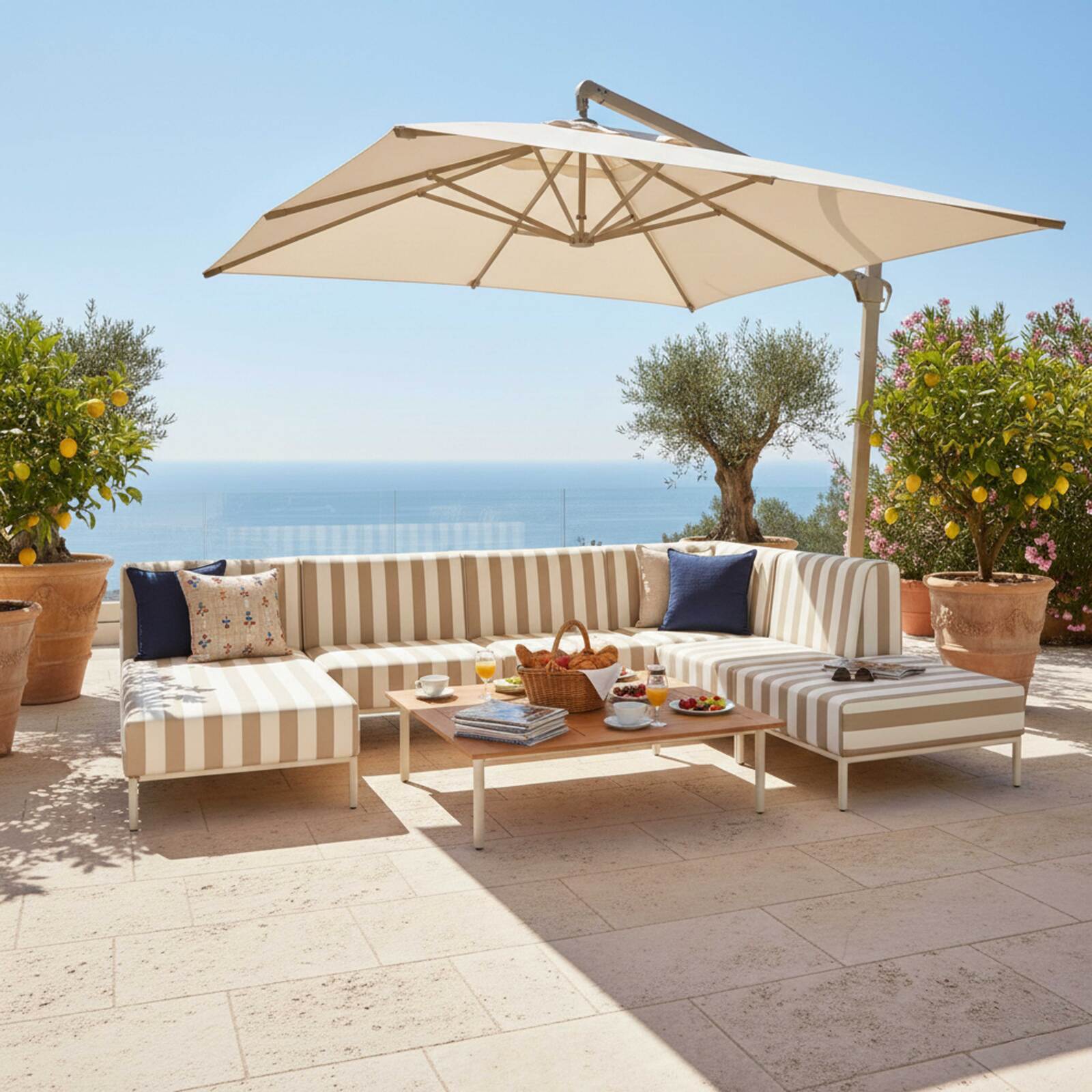 Divano modulare da esterno a righe 6 posti con 3 poltrone, 1 poltrona angolare, 1 chaise longue e 1 pouf